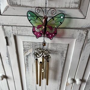 Butterfly Wind Chime with Green and Pink Accents